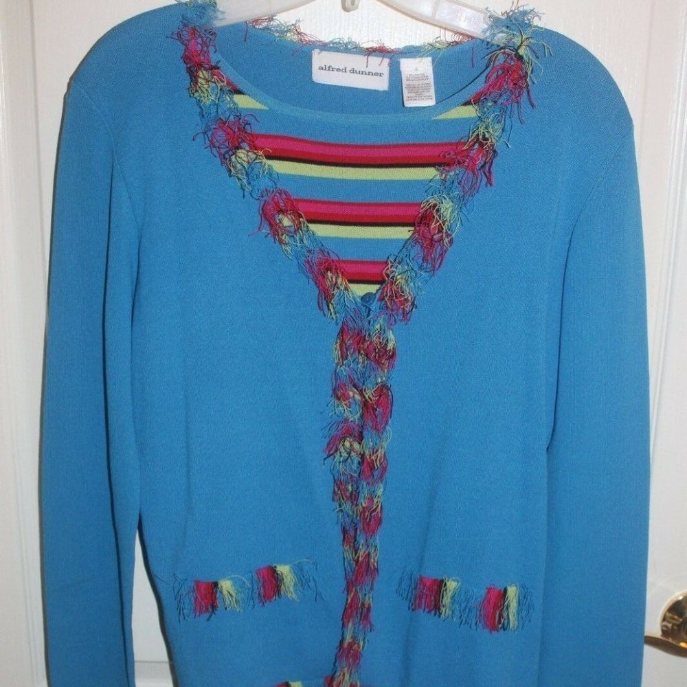 Alfred Dunner aqua red stripe faux sweater set eyelash trim Small EUC